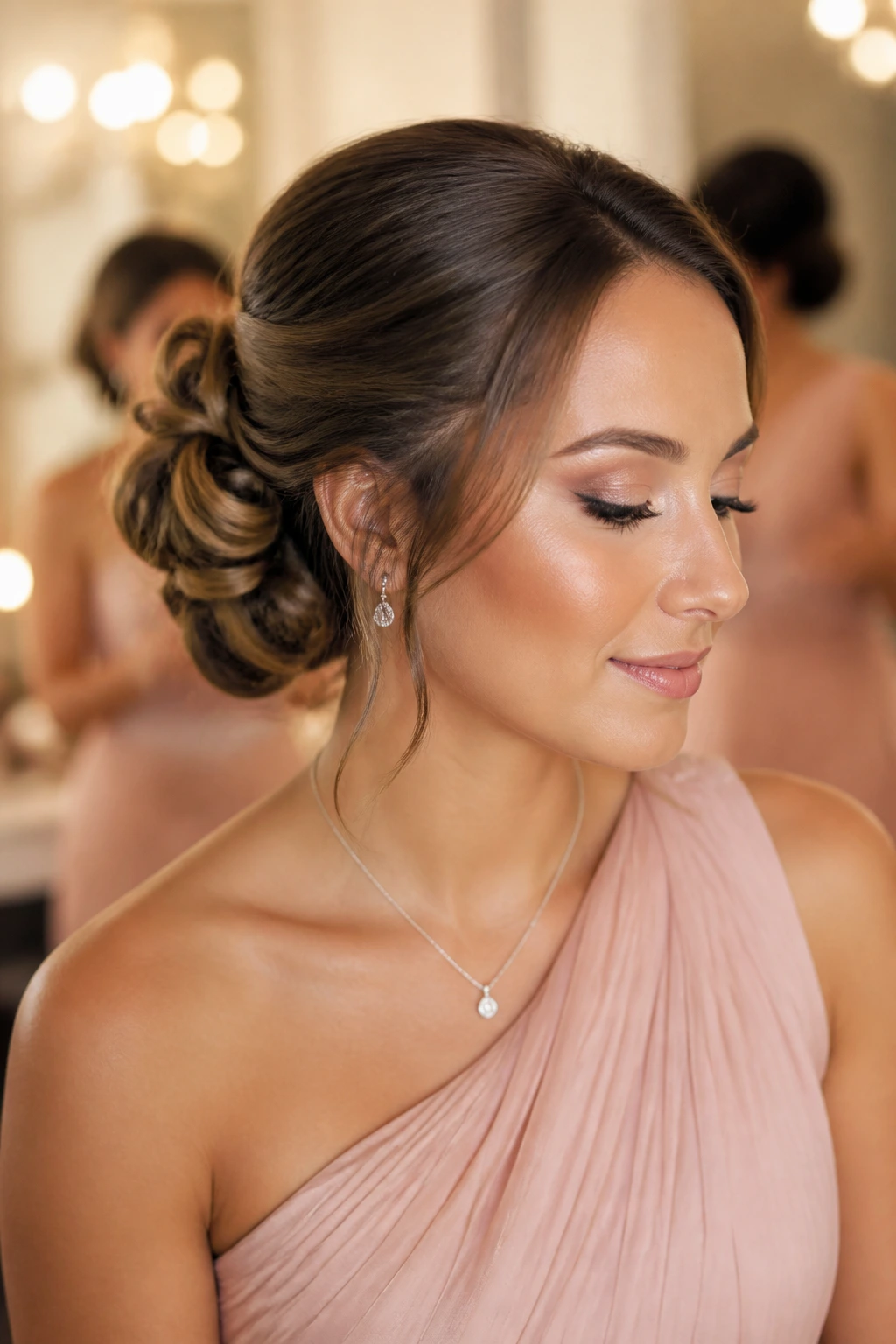 Bridesmaid bun that matches a blush dress in a dressing room