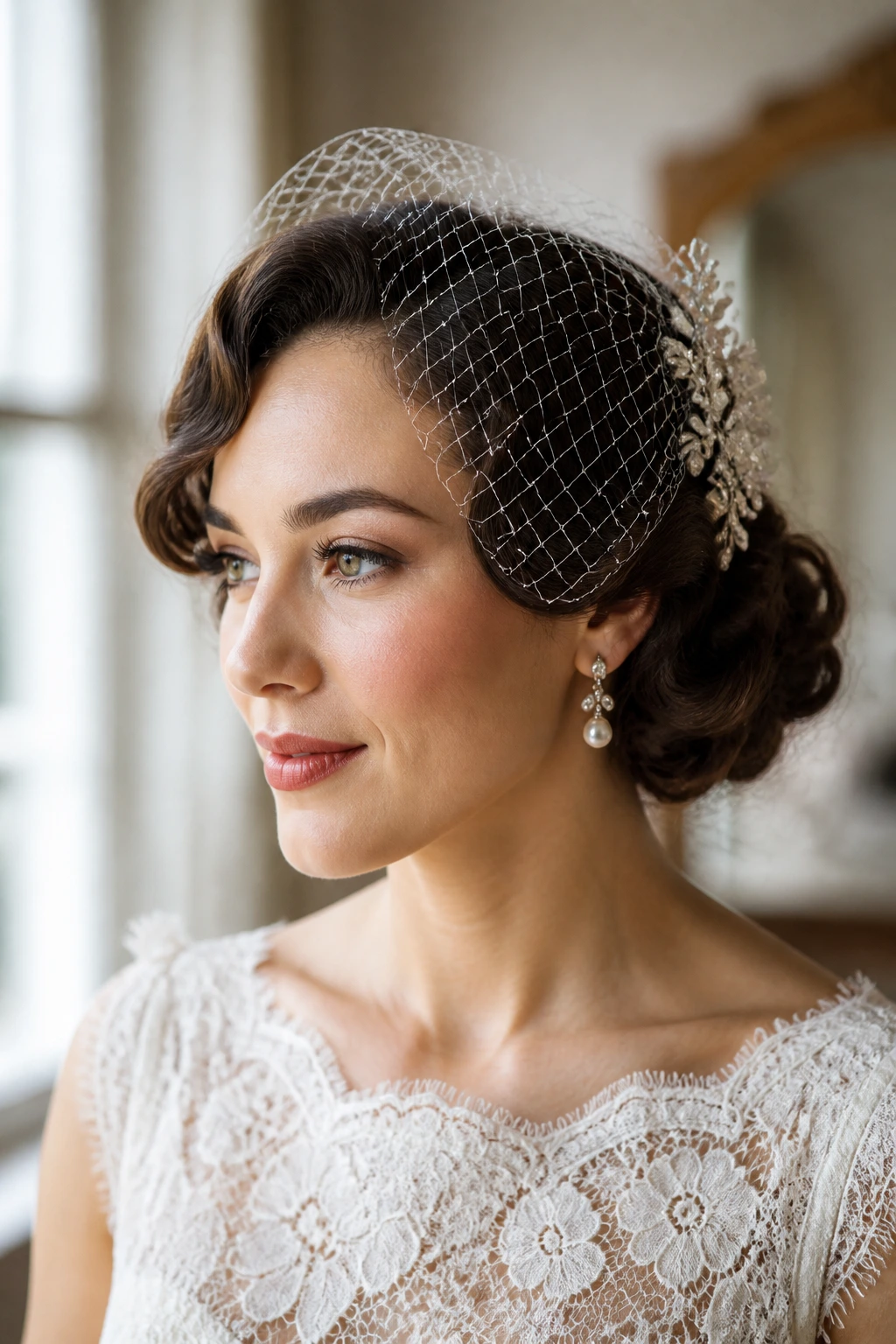 Close-up of a real bride with vintage hairstyle matching dress and veil