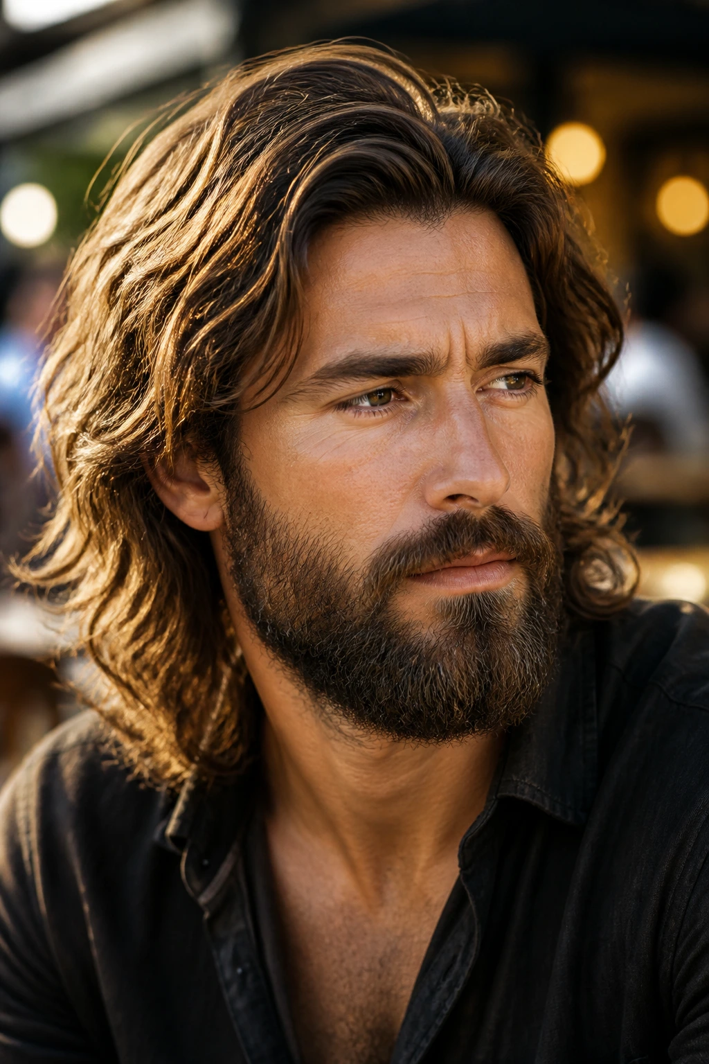 Man with long hair and matching beard balanced with hair in golden hour