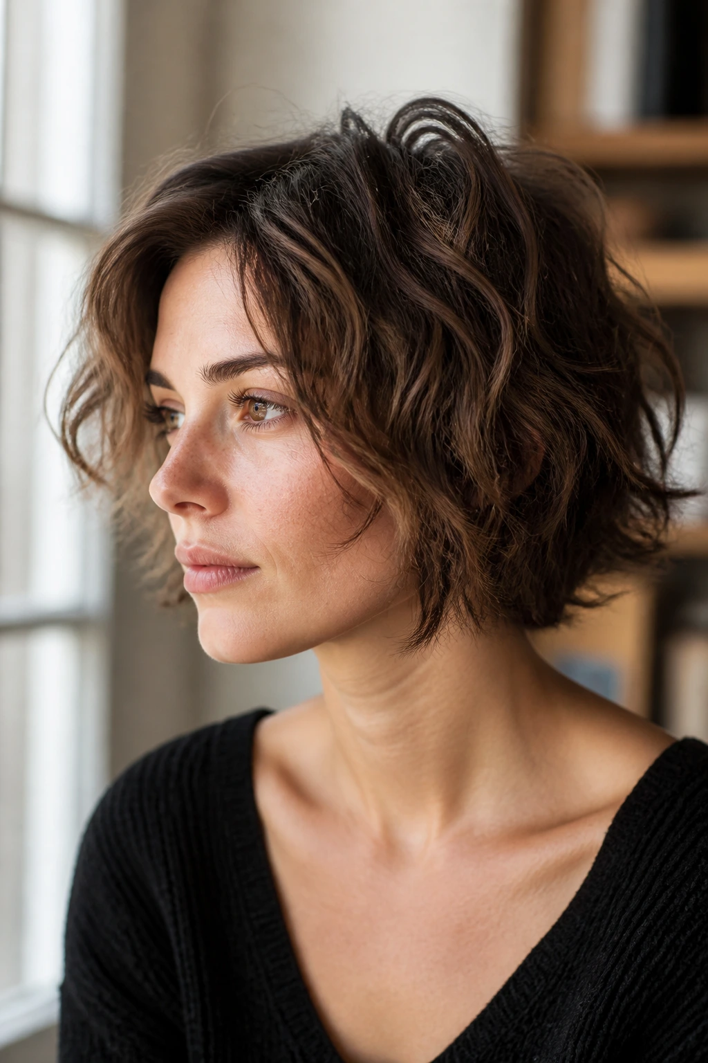 Close-up of a real woman with short matte airy waves in soft natural light
