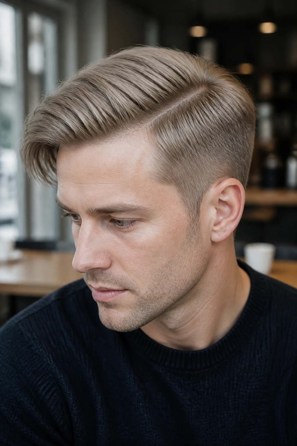 Man with matte ash blonde comb over in cafe setting