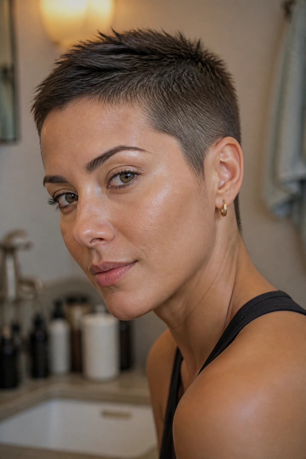 Real woman with matte piecey buzz showing subtle texture on top.