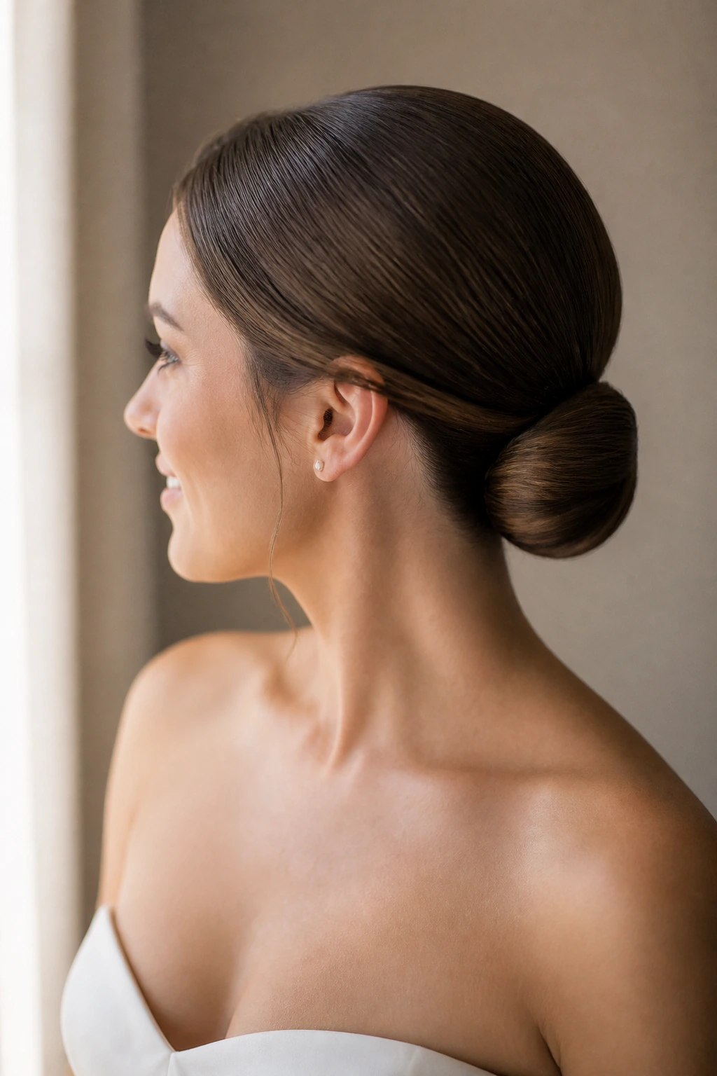 Close-up of a real bride's matte-finish minimalist chignon at the nape