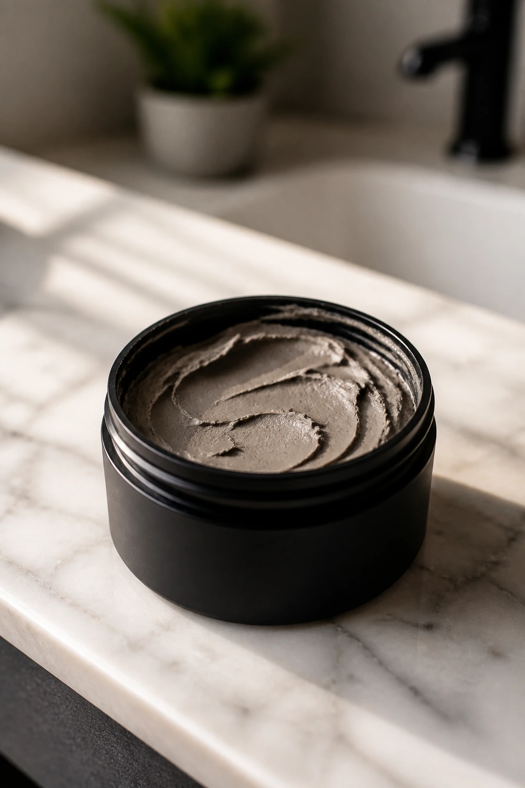 Close-up of matte clay hair product on bathroom counter