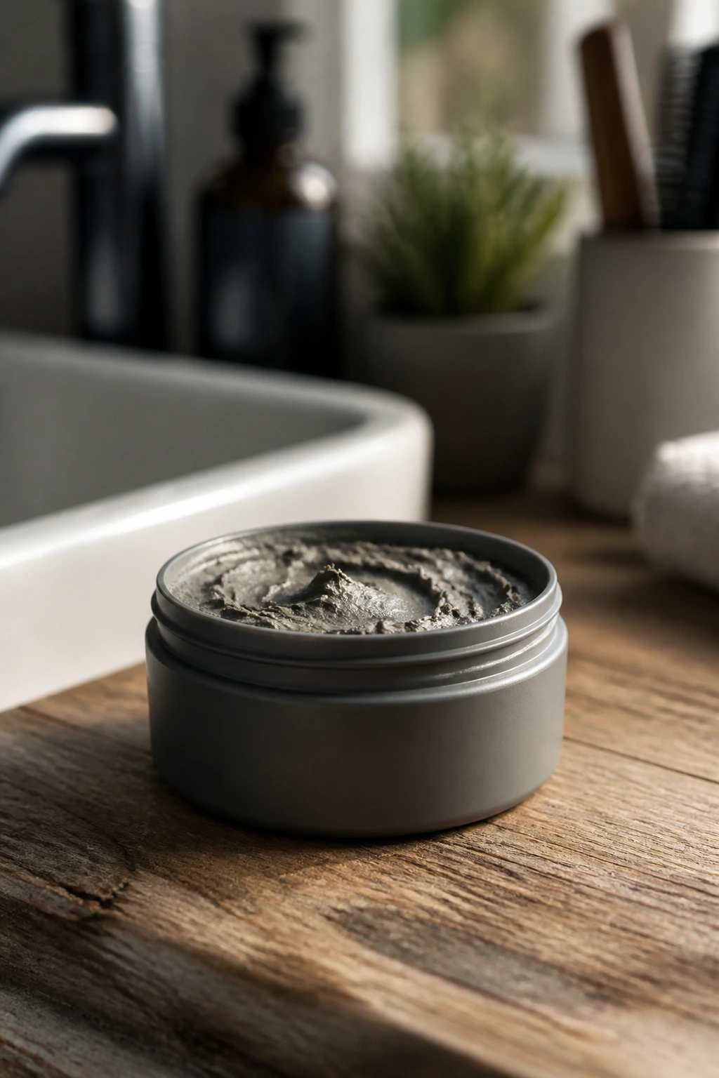 Unlabeled matte clay jar on wood counter for hair styling