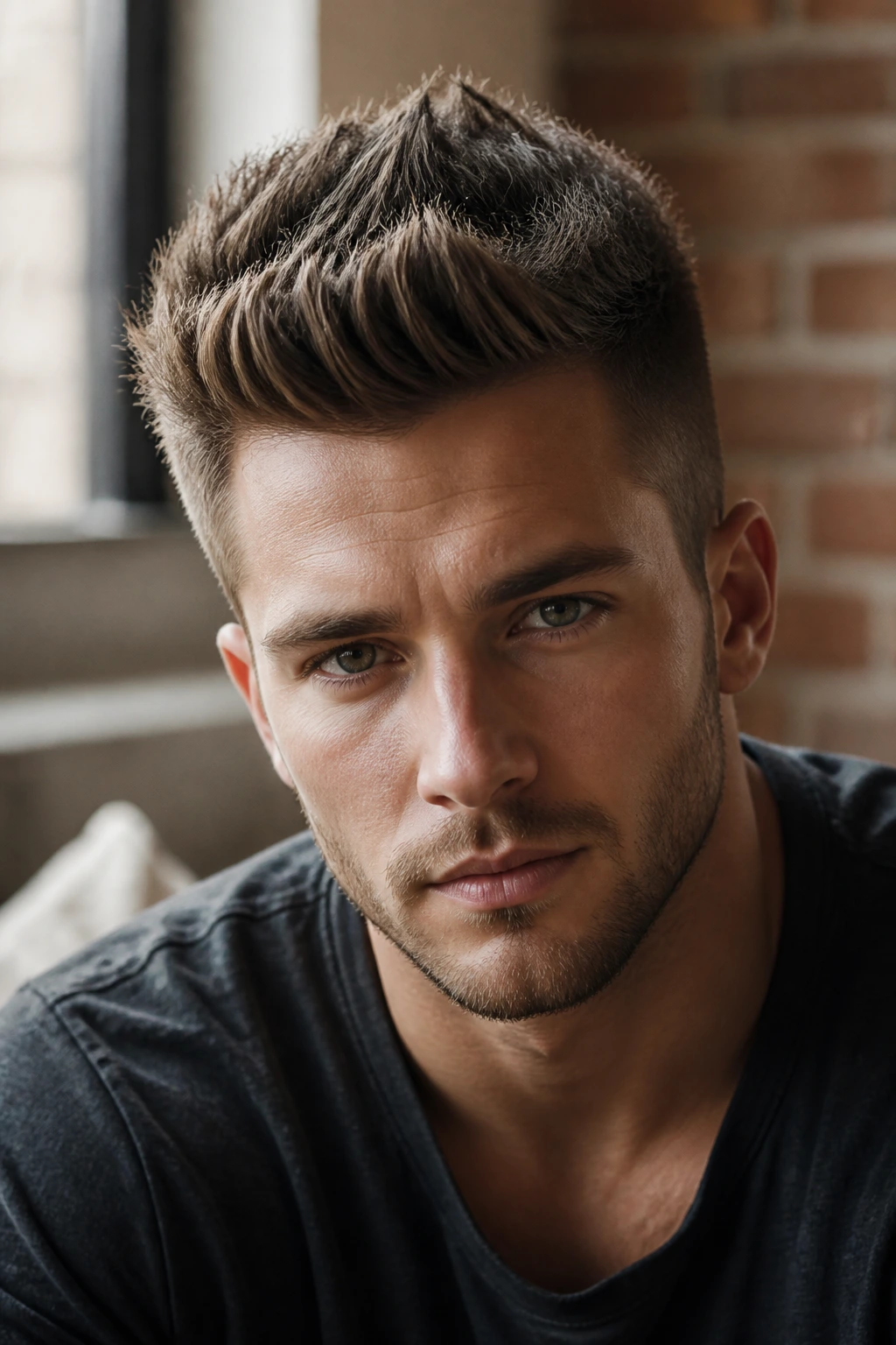 Close-up of man with textured matte quiff in bright urban interior