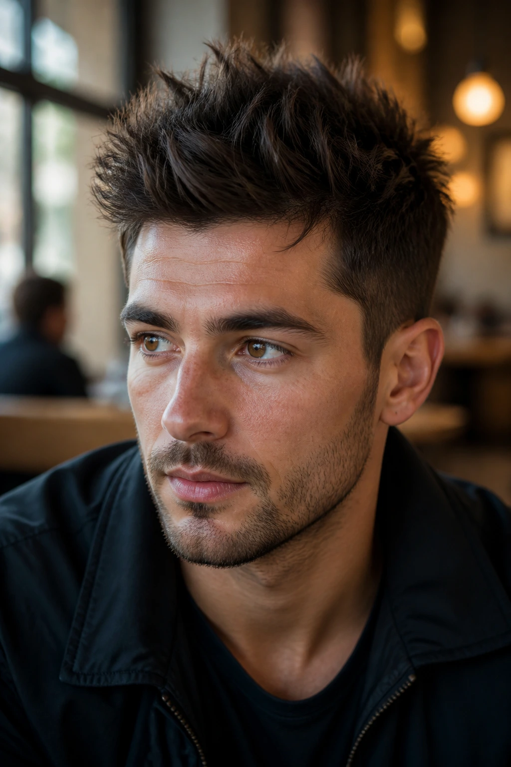 Man with matte textured spikes in urban cafe