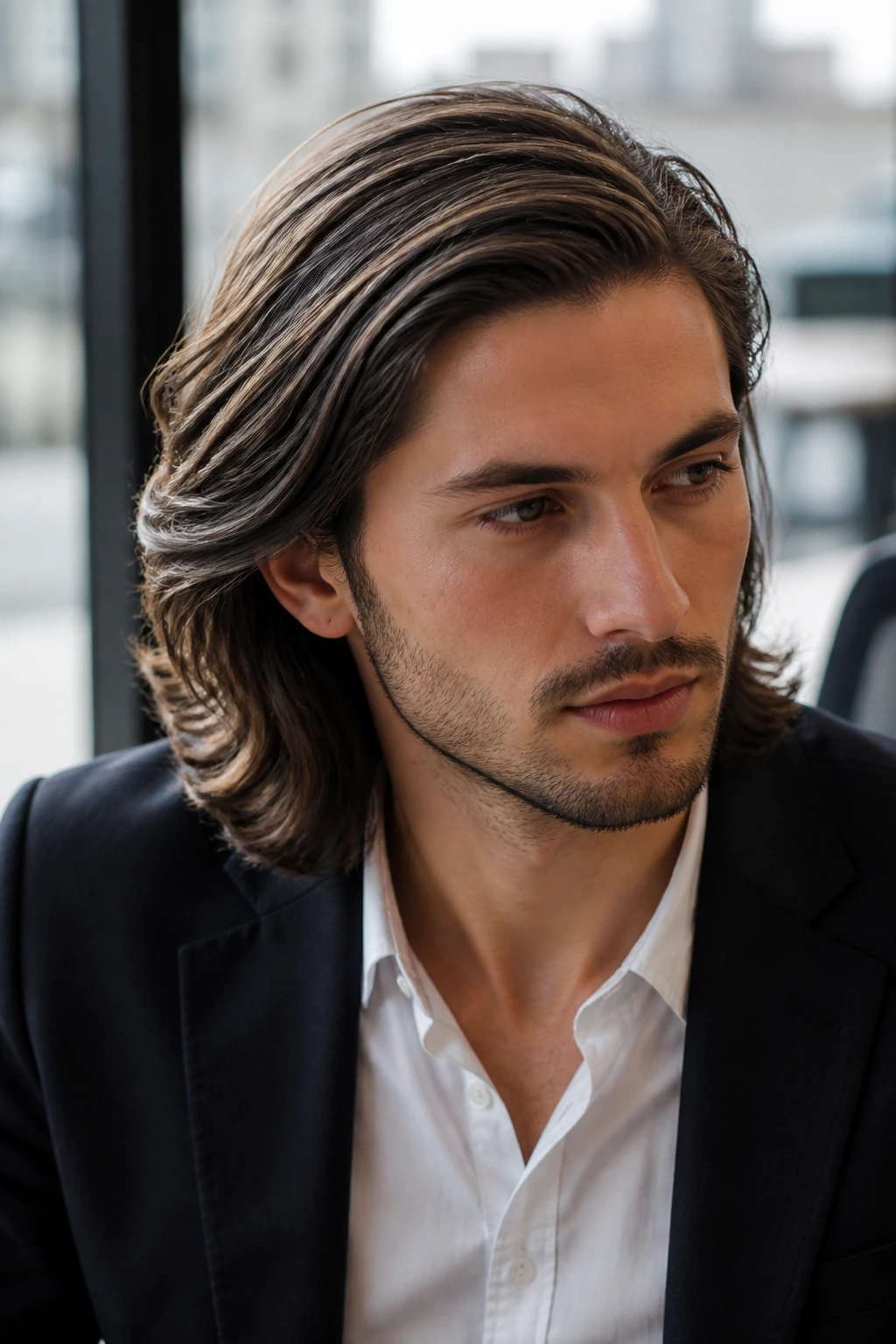 Man with a matte comb-over length hairstyle in an office setting