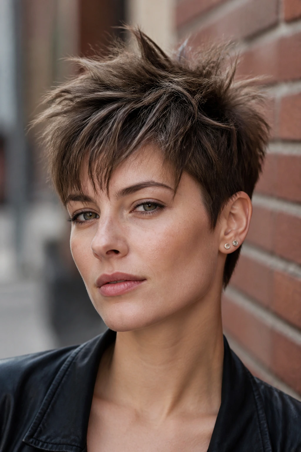 Close-up portrait of a real woman with a messy matte crop hairstyle