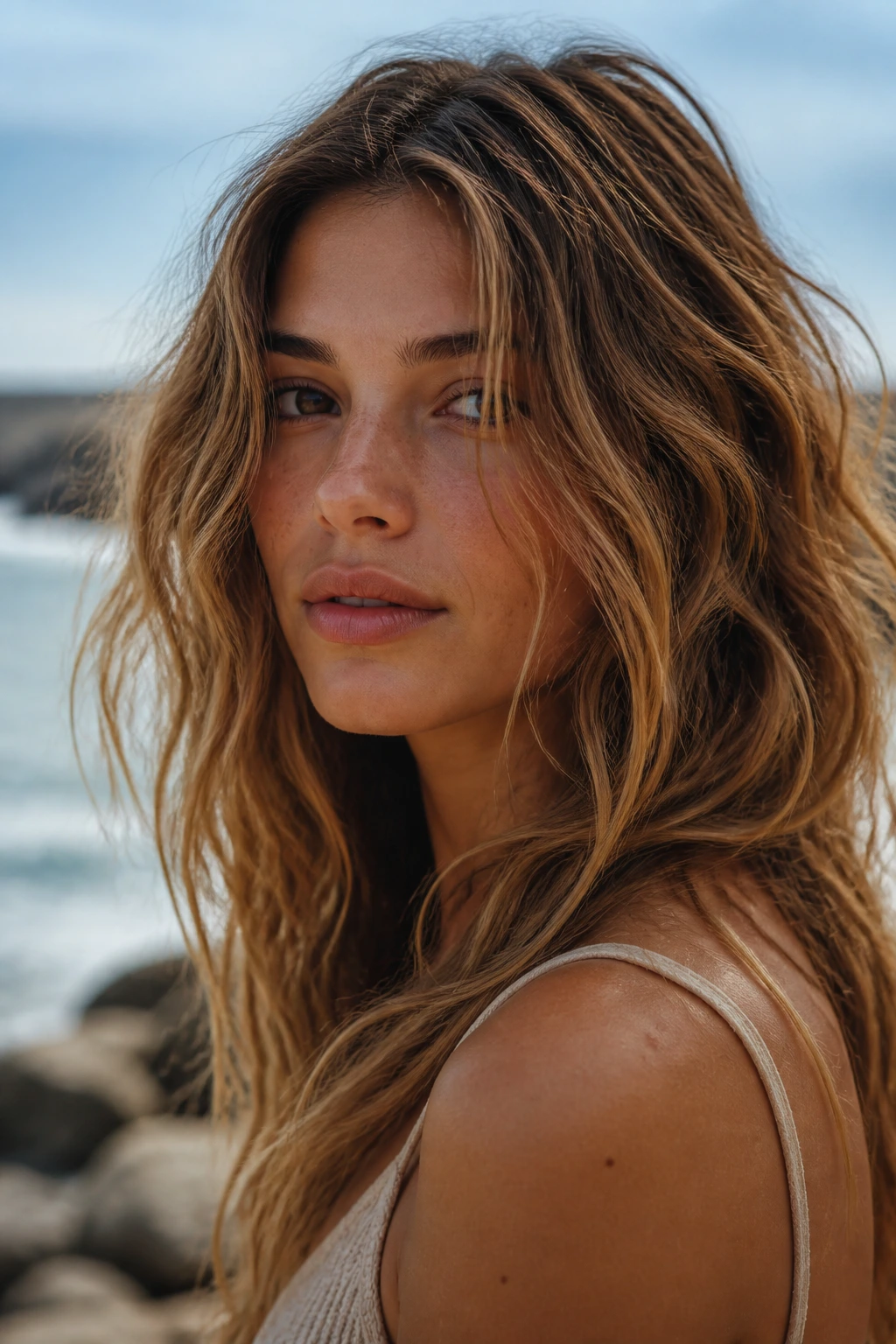 Portrait of a real woman with matte lived-in beach waves