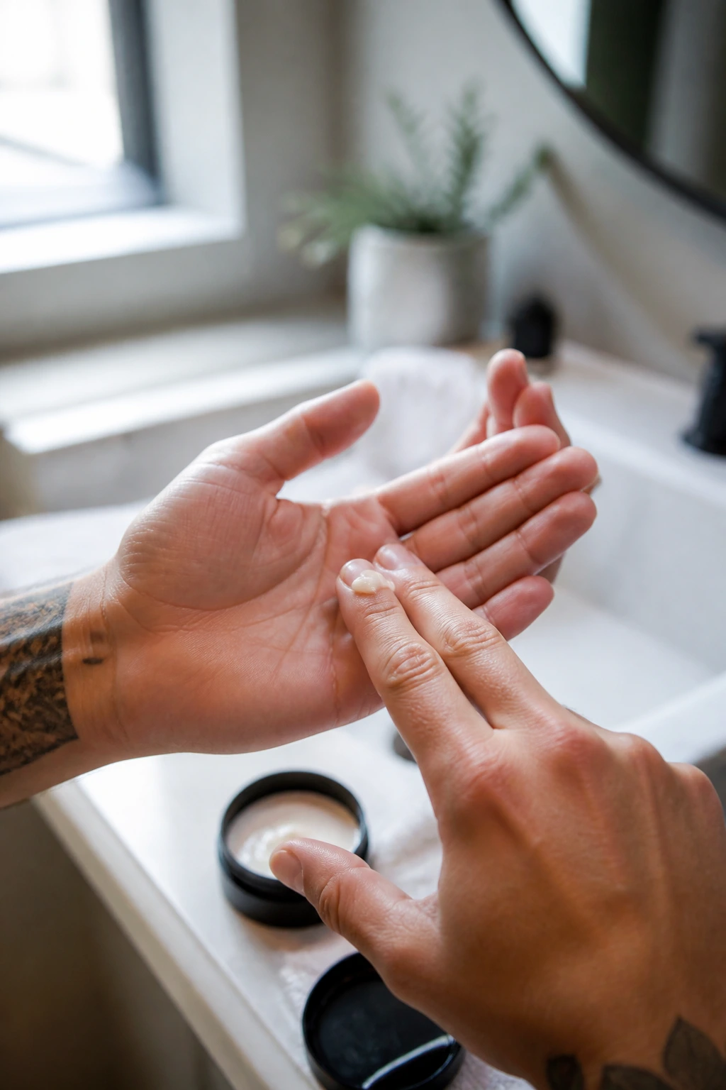 Close-up of matte paste warmed between fingers in front of a clean bathroom counter.