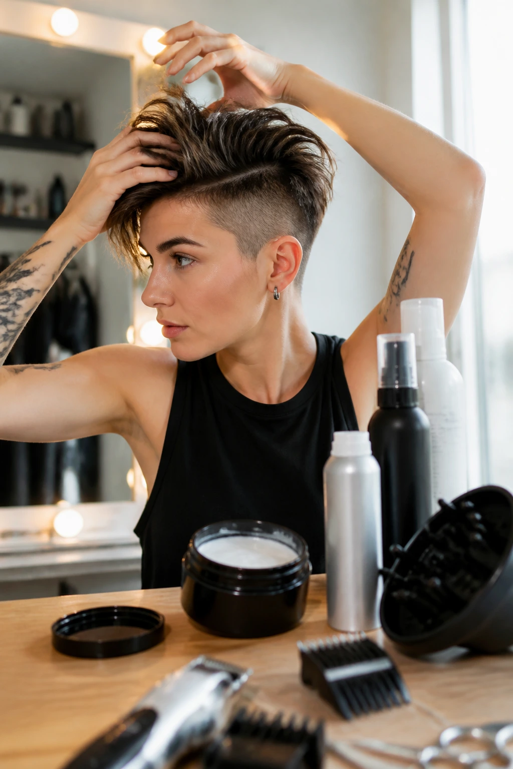 Real person applying matte paste to short hair at a vanity
