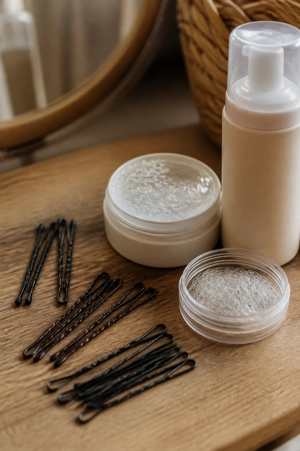 Close-up of grip-friendly hair pins, elastics, and curl products on a vanity