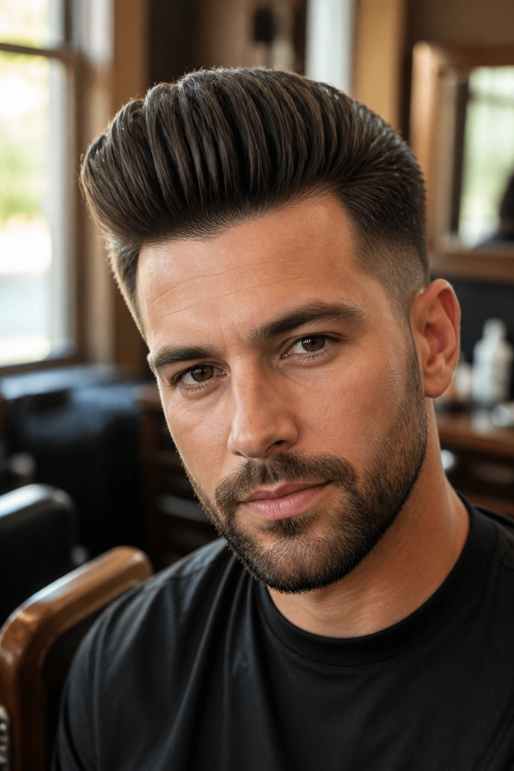 Close-up portrait of a man with a matte pompadour in a barbershop setting