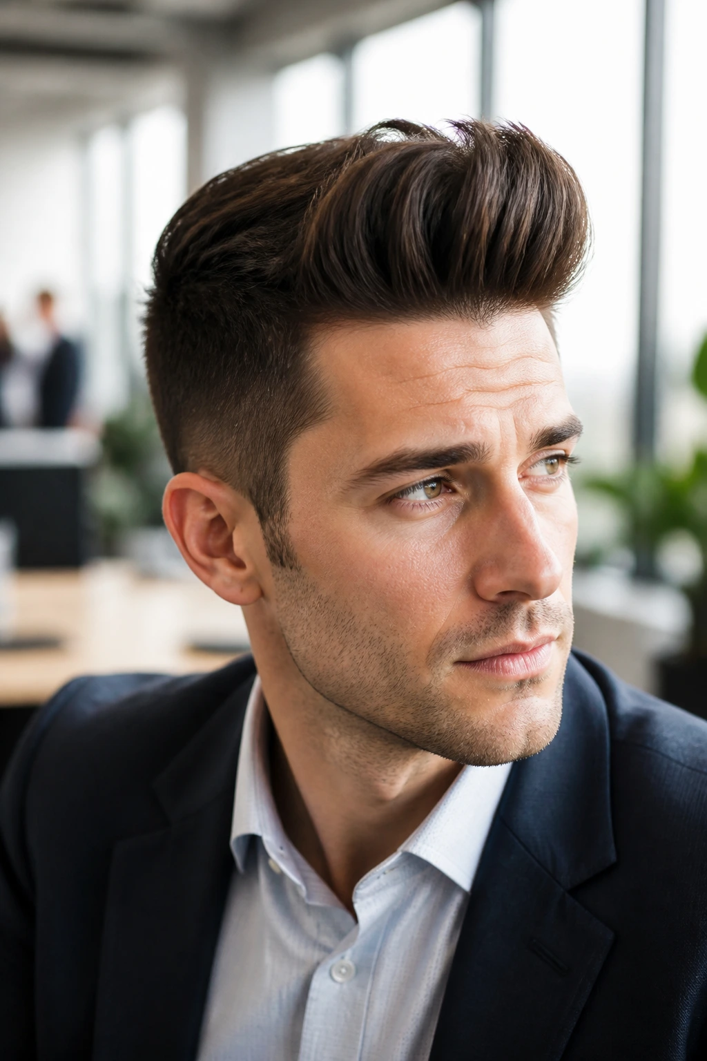 Portrait of man with matte pompadour in an office
