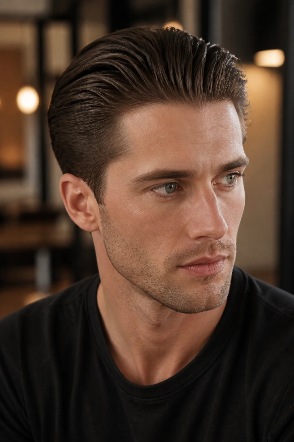 Portrait of man with matte slick back hairstyle