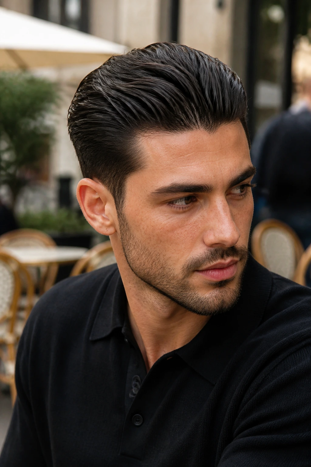 Close-up portrait of a man with matte slick back hairstyle in a warm cafe setting