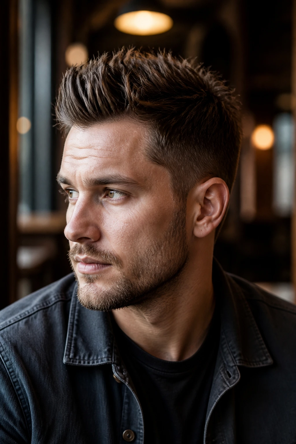 Man with low, soft matte spikes at a cafe