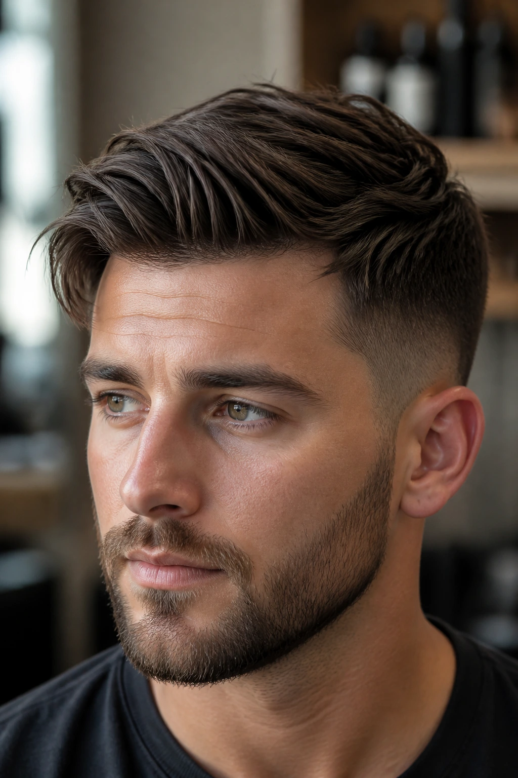Close-up portrait of a man with matte textured comb over under natural light.