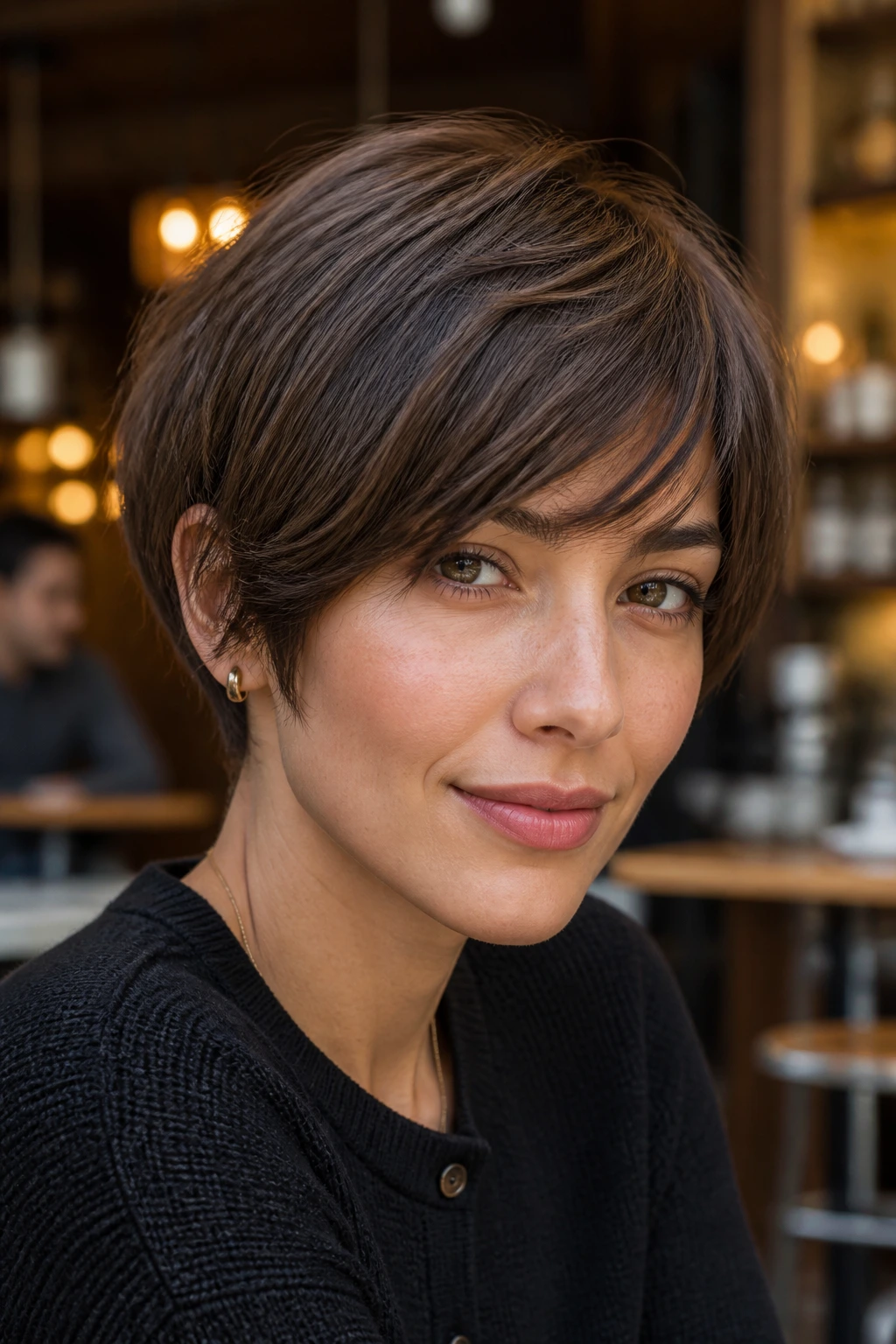 Real woman with matte textured sweep fringe in street cafe lighting
