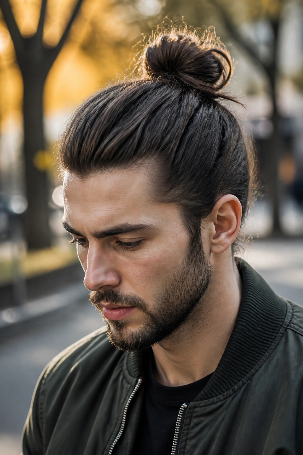 Close-up portrait of a real man with a matte top knot showing texture and no shine in soft park light