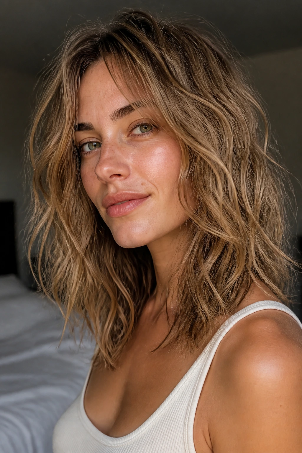 Close-up of a real woman's shoulder-length matte-textured waves with piecey ends under warm natural light