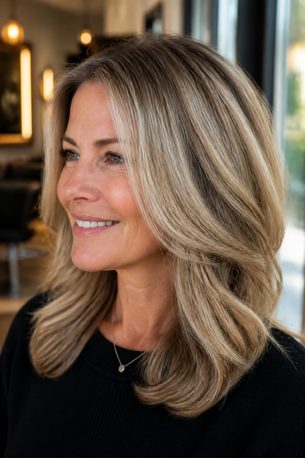 Close-up portrait of a mature woman with dimensional blonde hair and soft root shadow in warm salon lighting