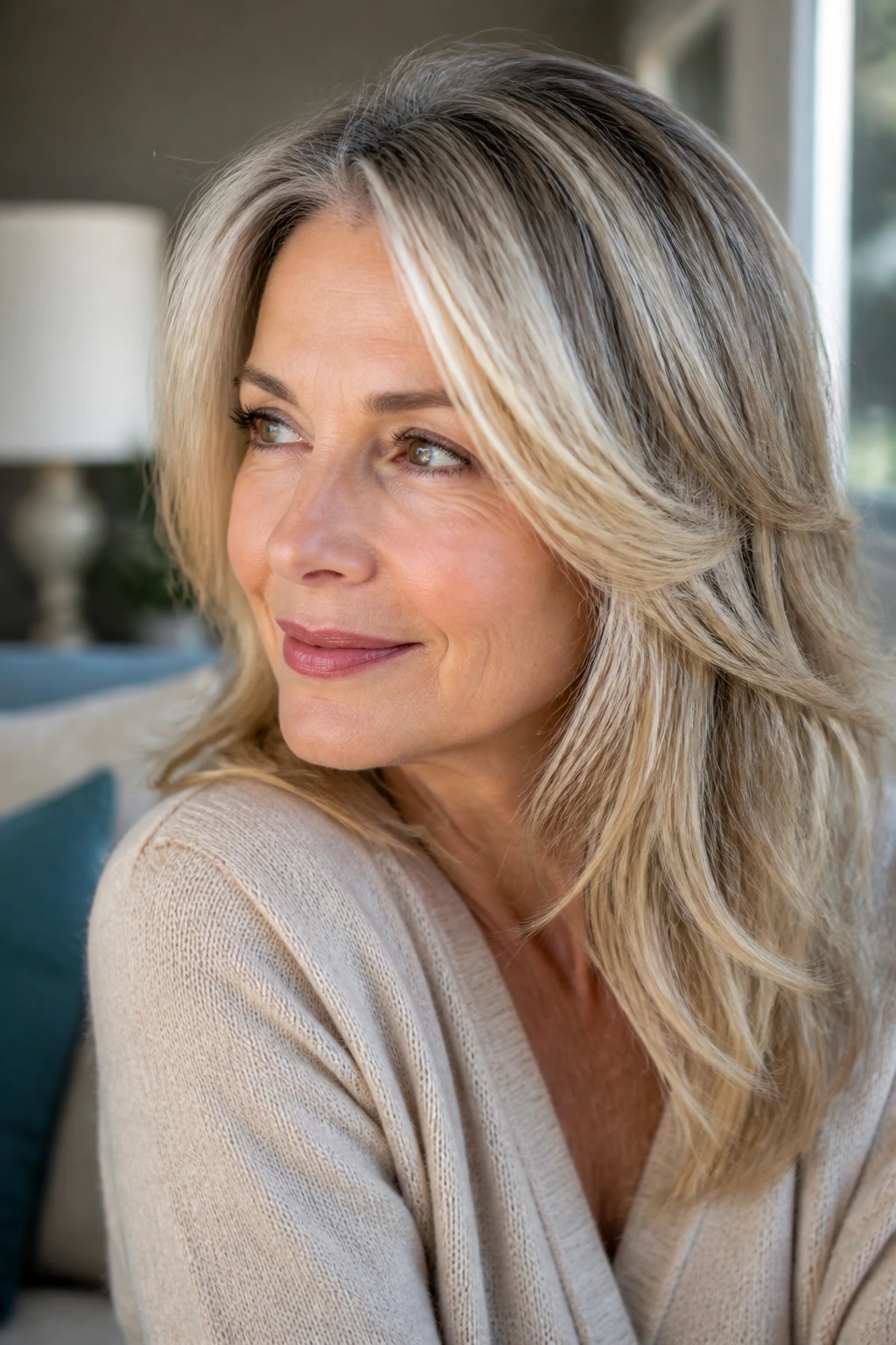 Close-up portrait of a mature woman with multi-toned blonde hair showing soft grow-out and gray blending
