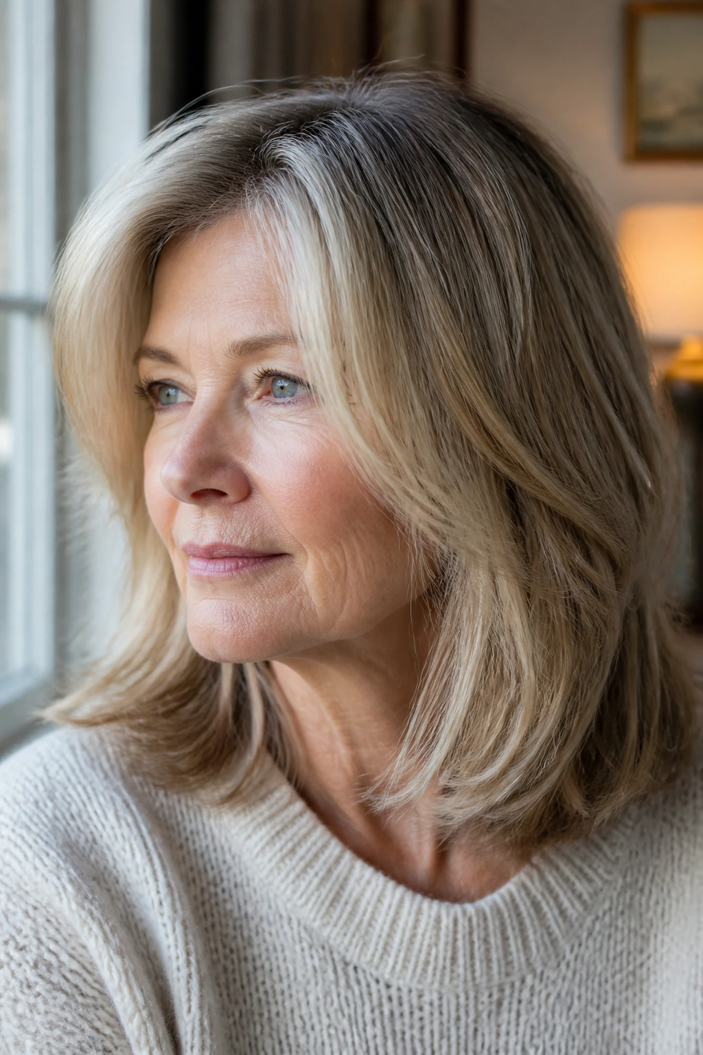 Mature blonde hair with roots and highlights close-up
