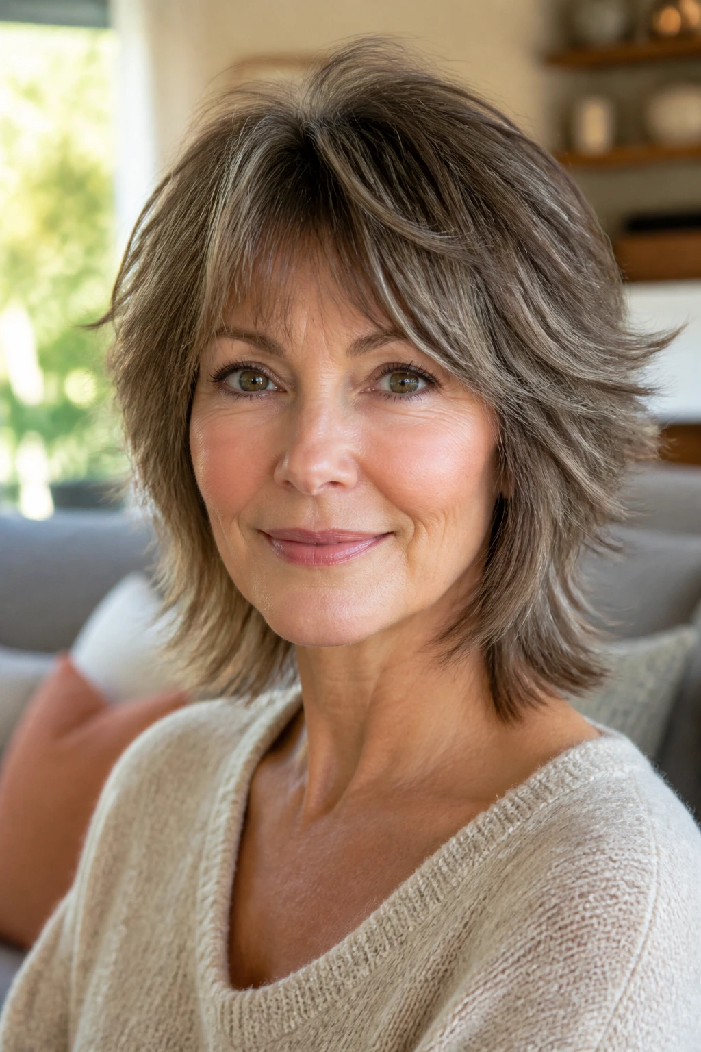 Portrait of a real woman with a soft shag that lifts the face without harsh lines
