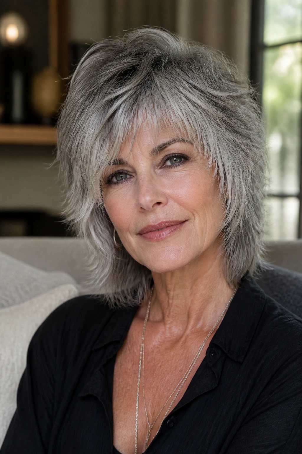 Close-up portrait of an older woman with rocker shag on silver hair