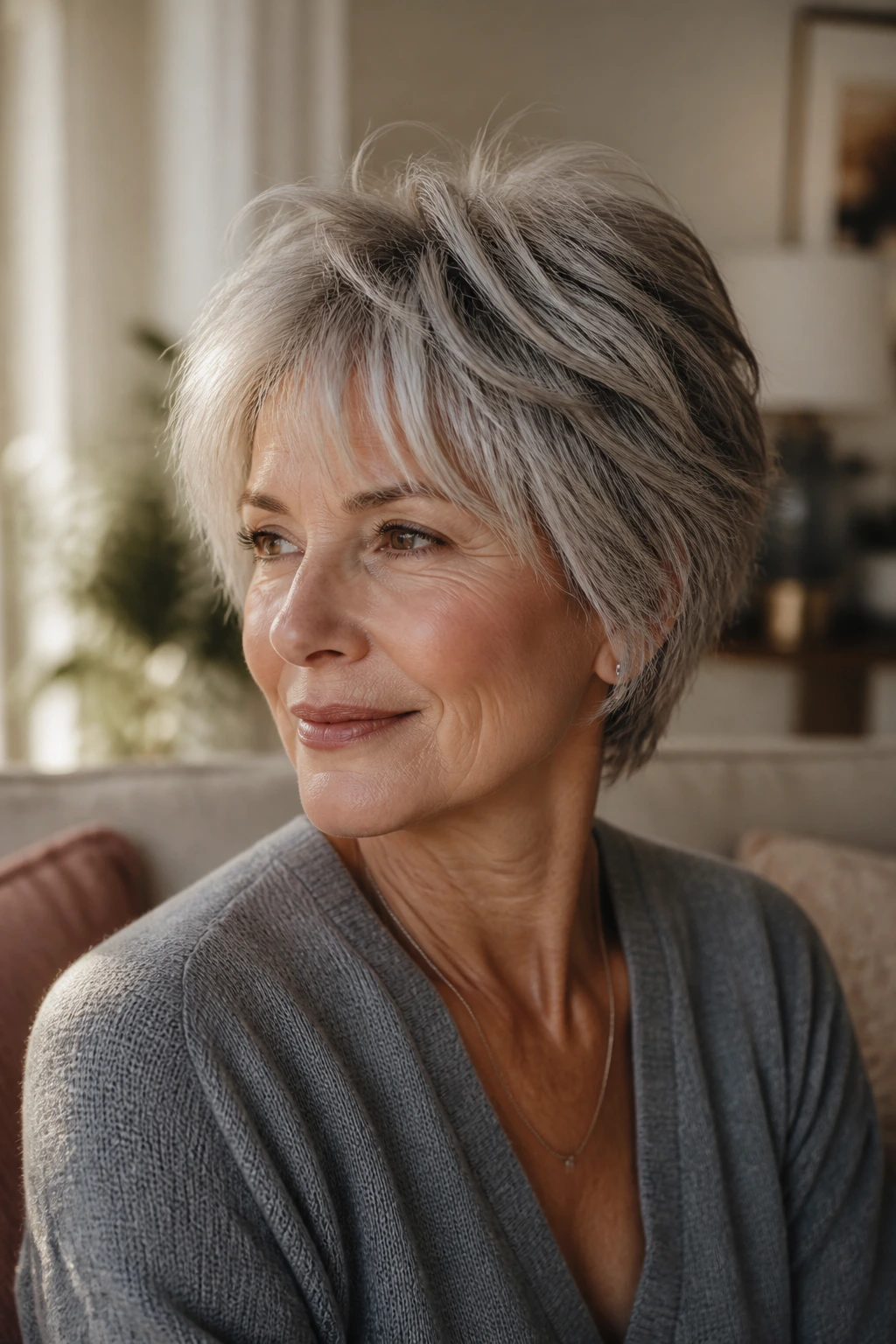 Older woman with short shag showing crown lift and texture in warm window light