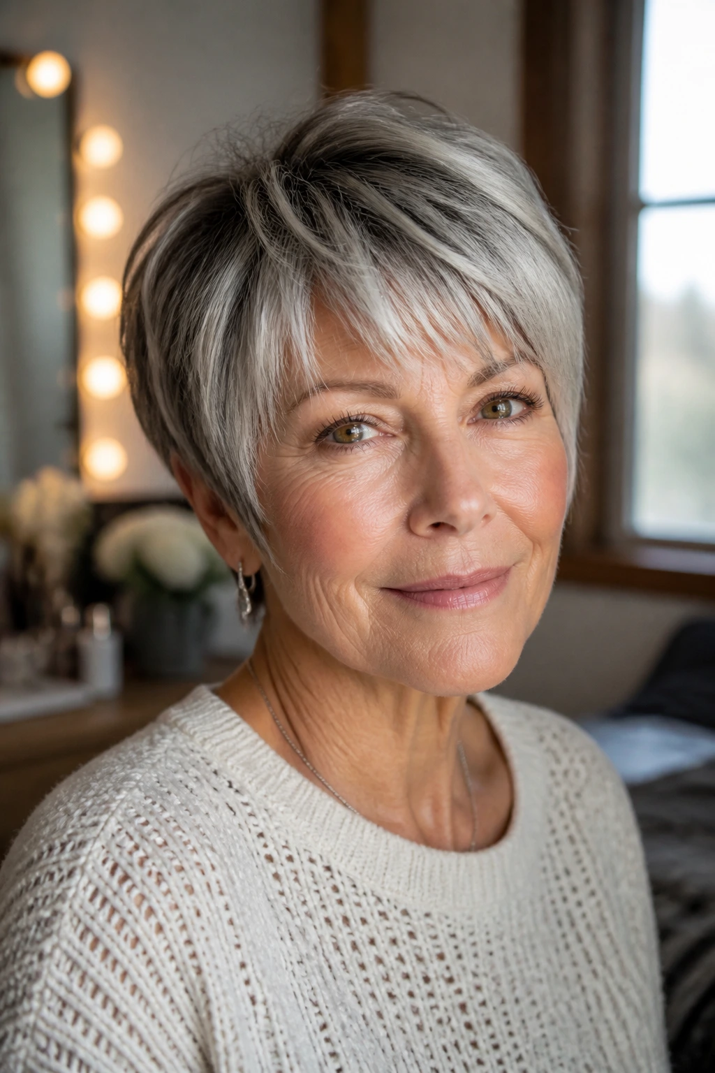 Close-up of mature woman with short hair and silver highlights