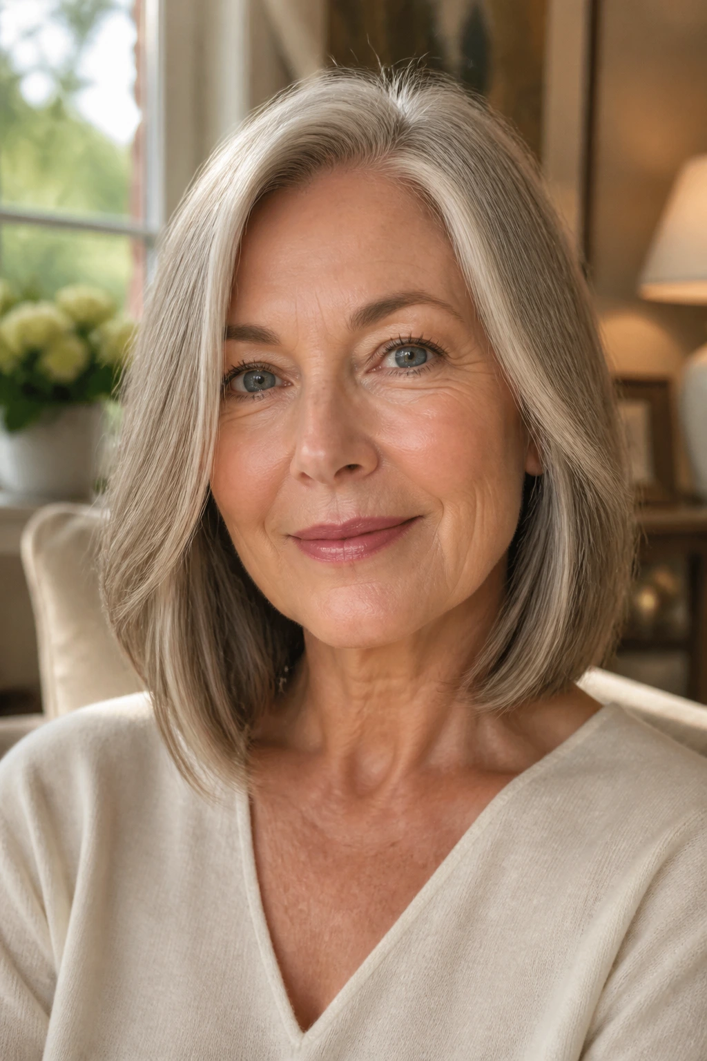 Close-up portrait of an older woman with a flattering long bob