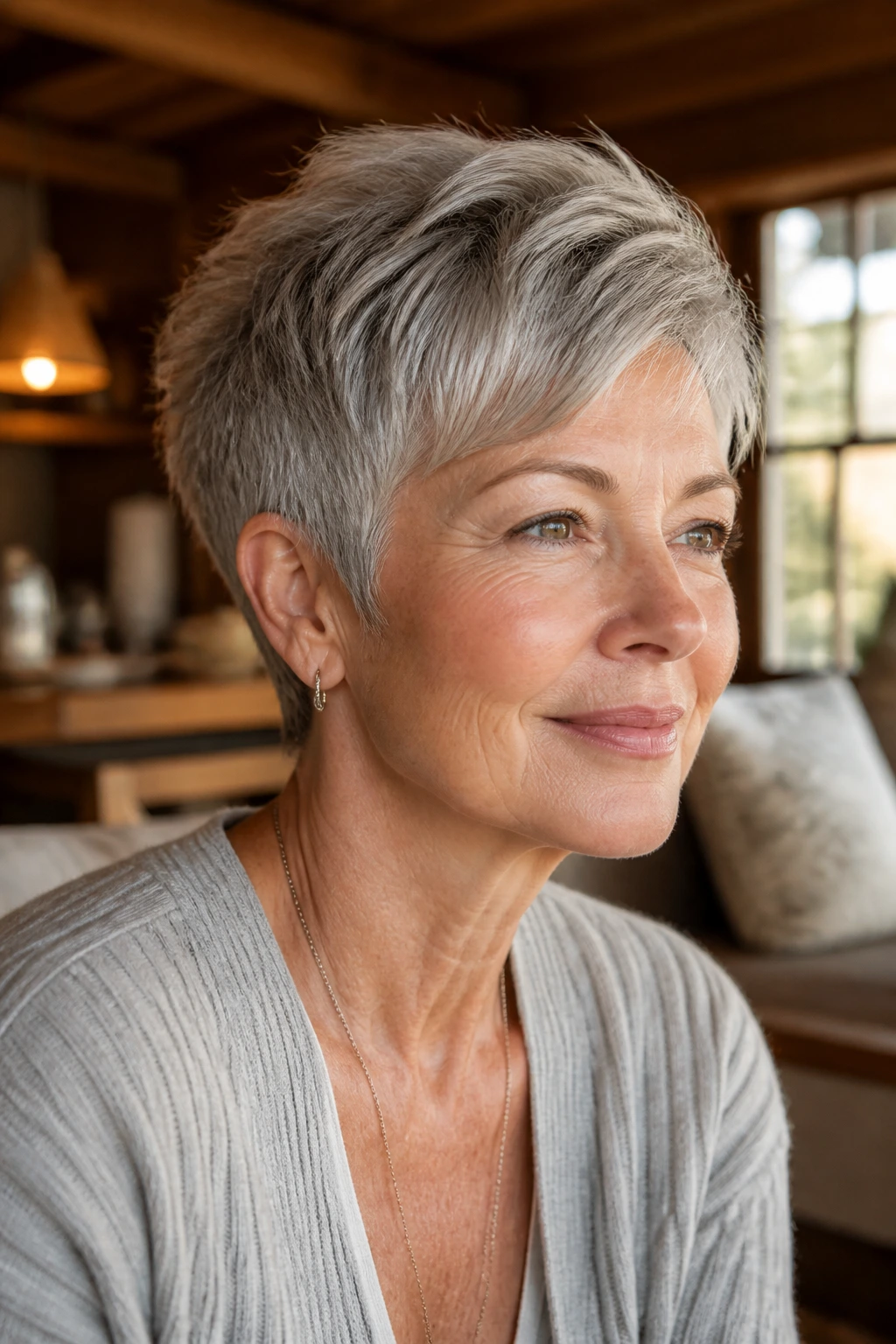 Close-up portrait of an older woman with pixie showing lift and soft face frame