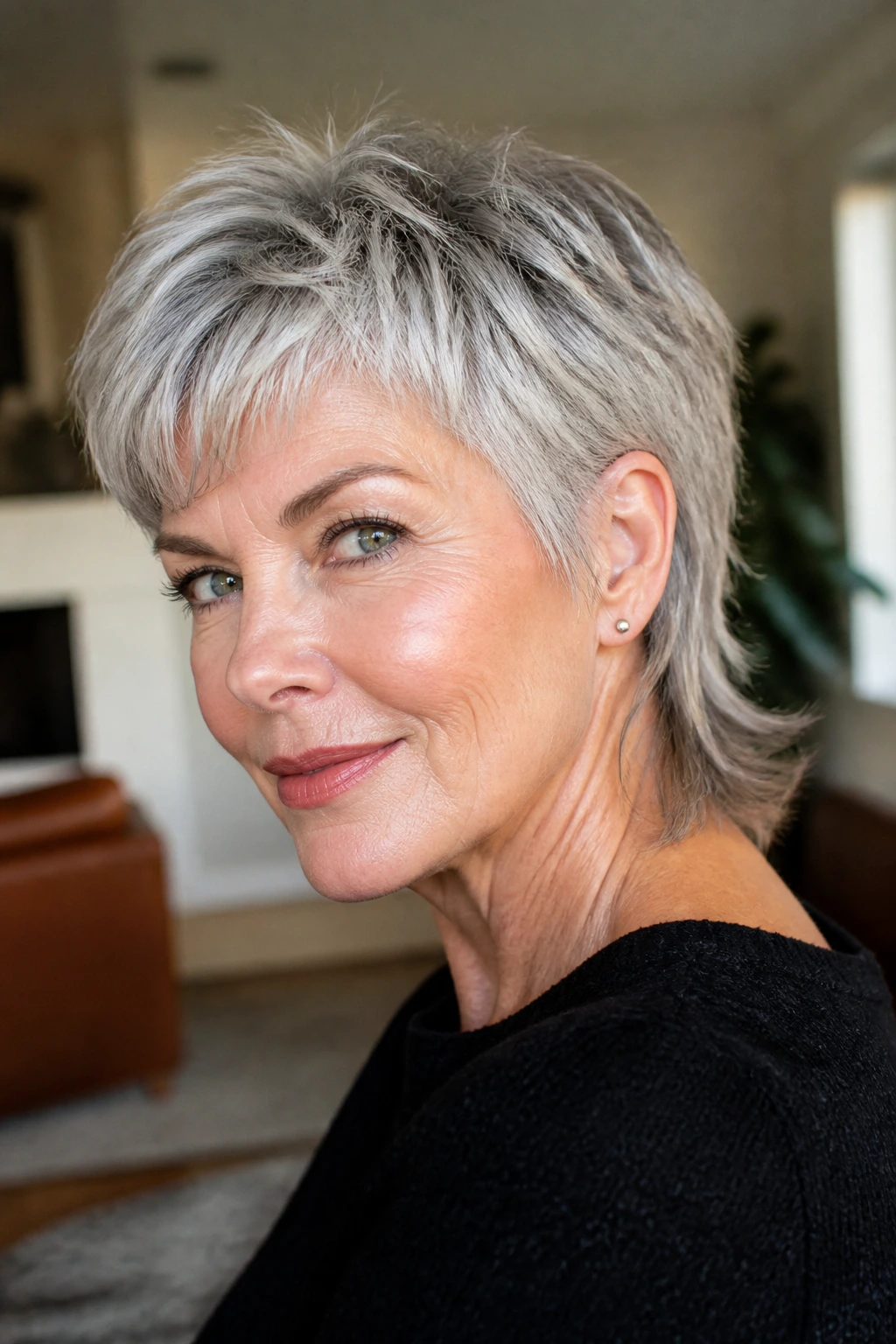 Older woman with pixie mullet showing balance and gray hair in warm light