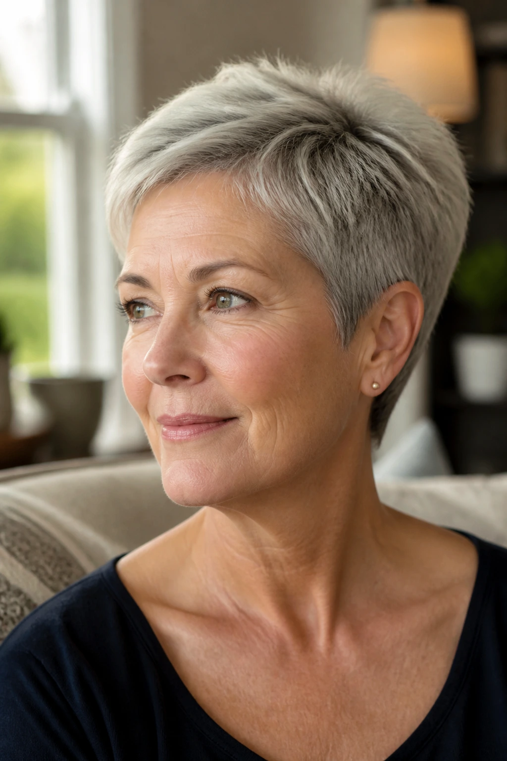 Close-up of a mature woman with a pixie cut showing crown lift and soft edges.