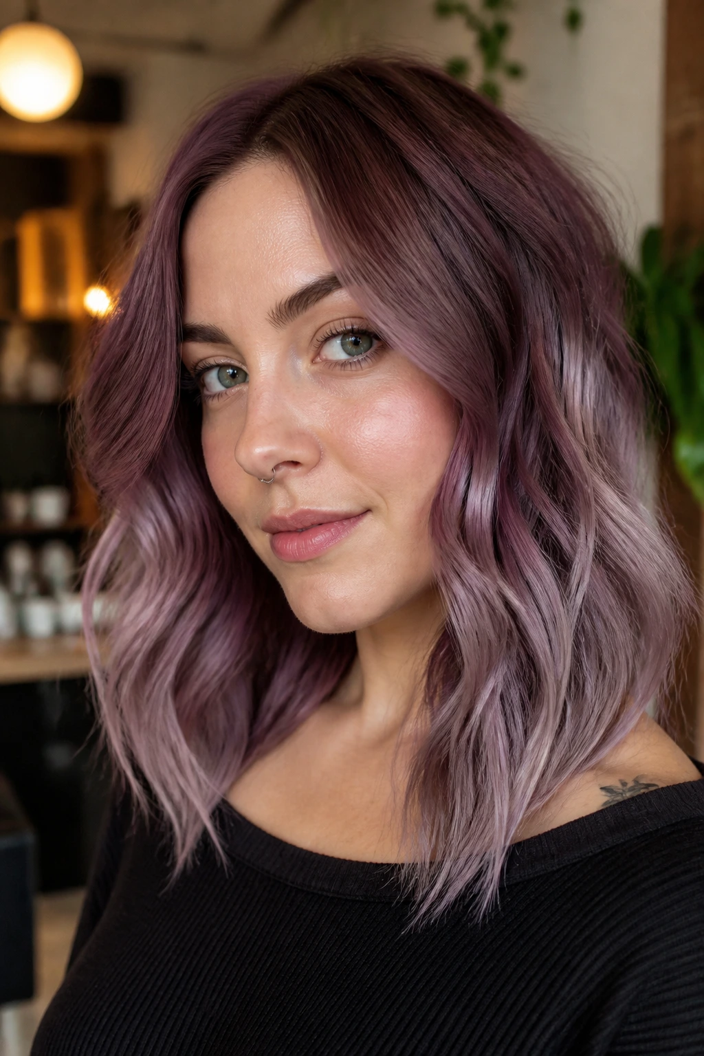 Close-up of Mauve Melt hair on a real woman with rooted-to-ended pink-purple gradient