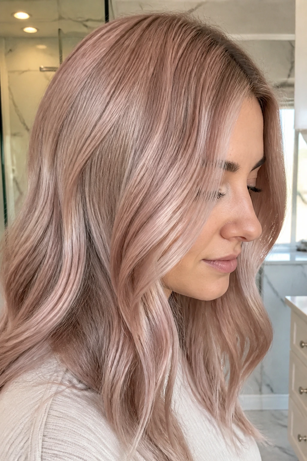 Close-up of ash blonde hair with mauve rose gold gloss on a real person
