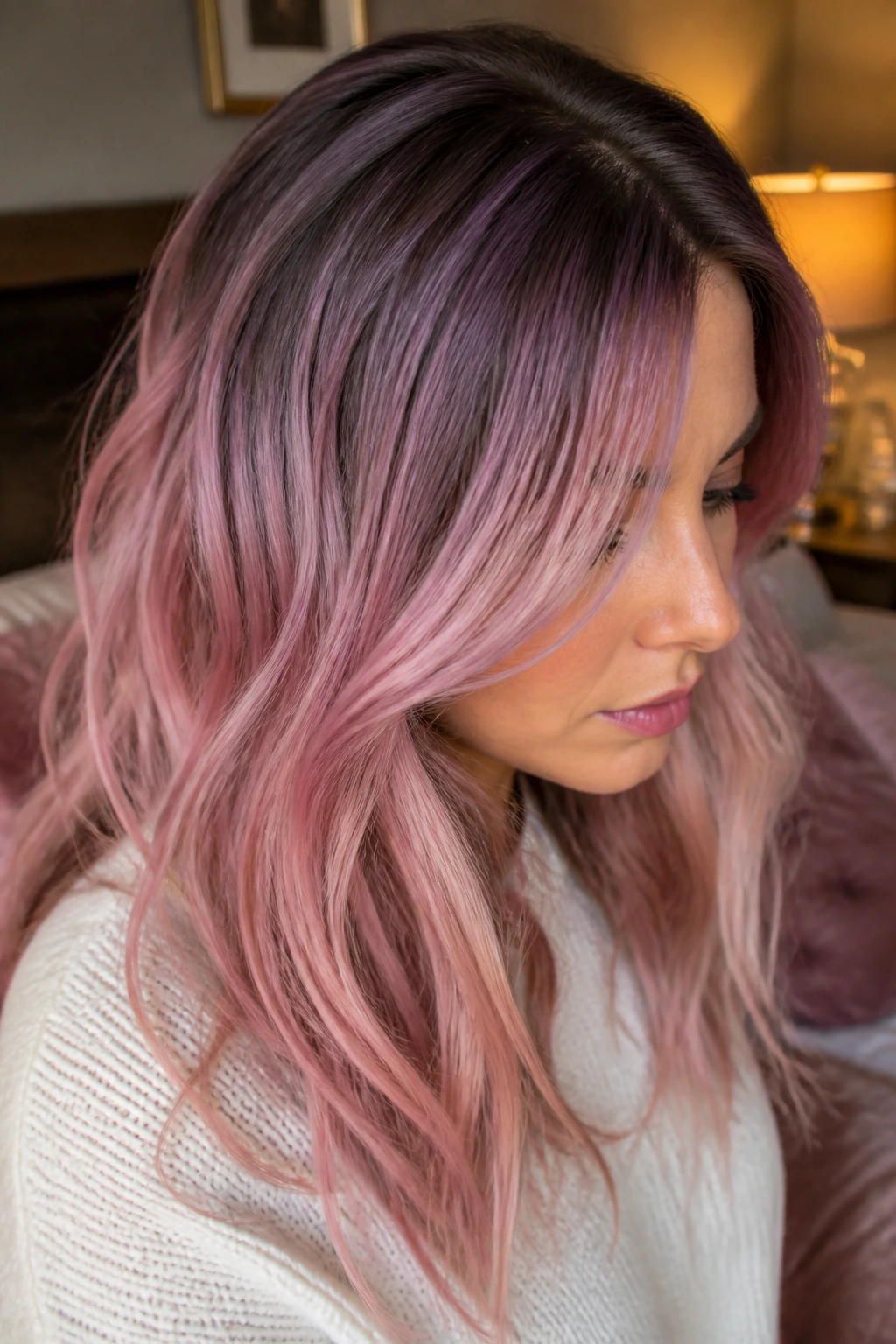 Close-up of a real woman with mauve shadow root blending into pink mid-lengths