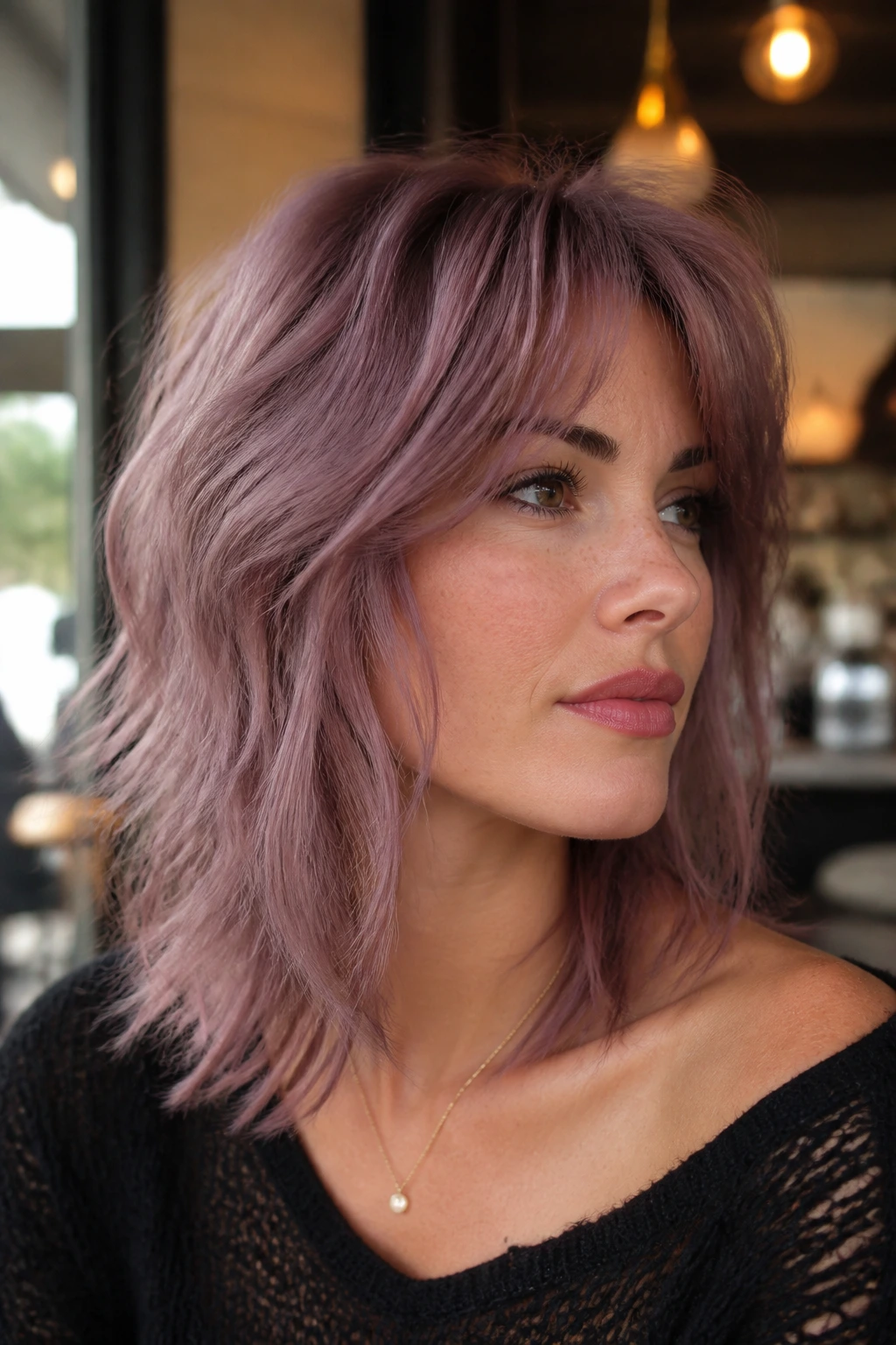 Close-up of a woman with mauve shoulder-length shag and textured layers