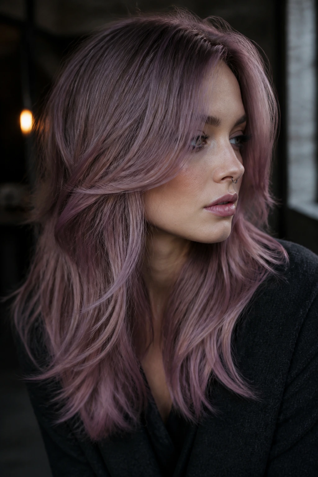 Portrait of woman with mauve smoke layered hair in moody lighting