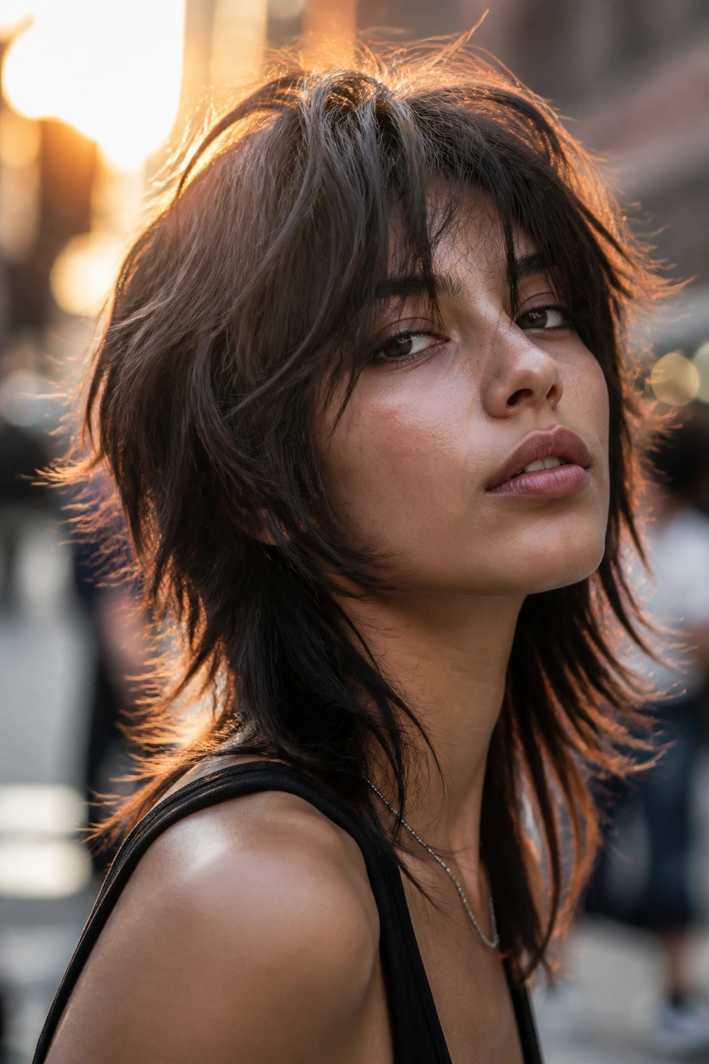Portrait of a real person with max-texture wolf cut showing lifted crown and stacked ends