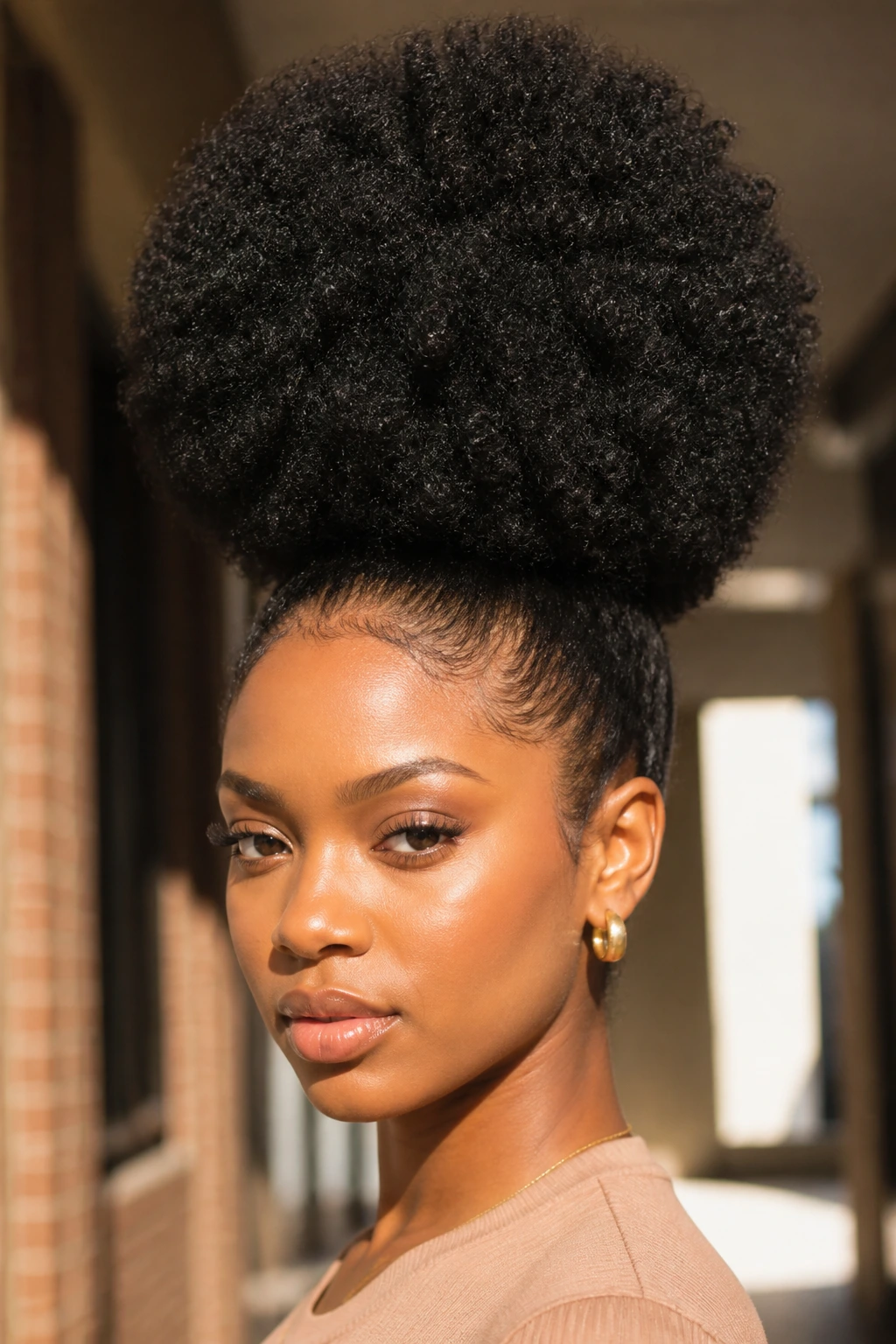 Close-up of a real woman's max-volume puff hairstyle filling the frame