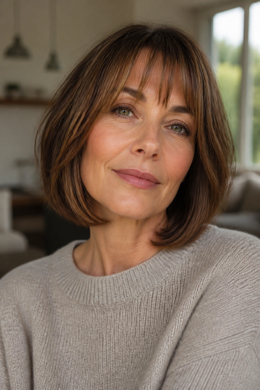 Close-up of a real woman with a medium bob and fringe highlighting face-framing hairstyle