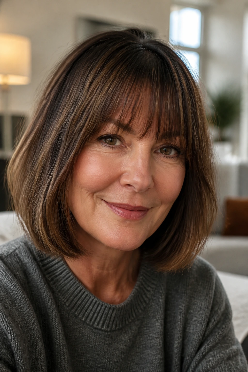 Close-up of a real woman with a medium bob and fringe in a softly lit room.