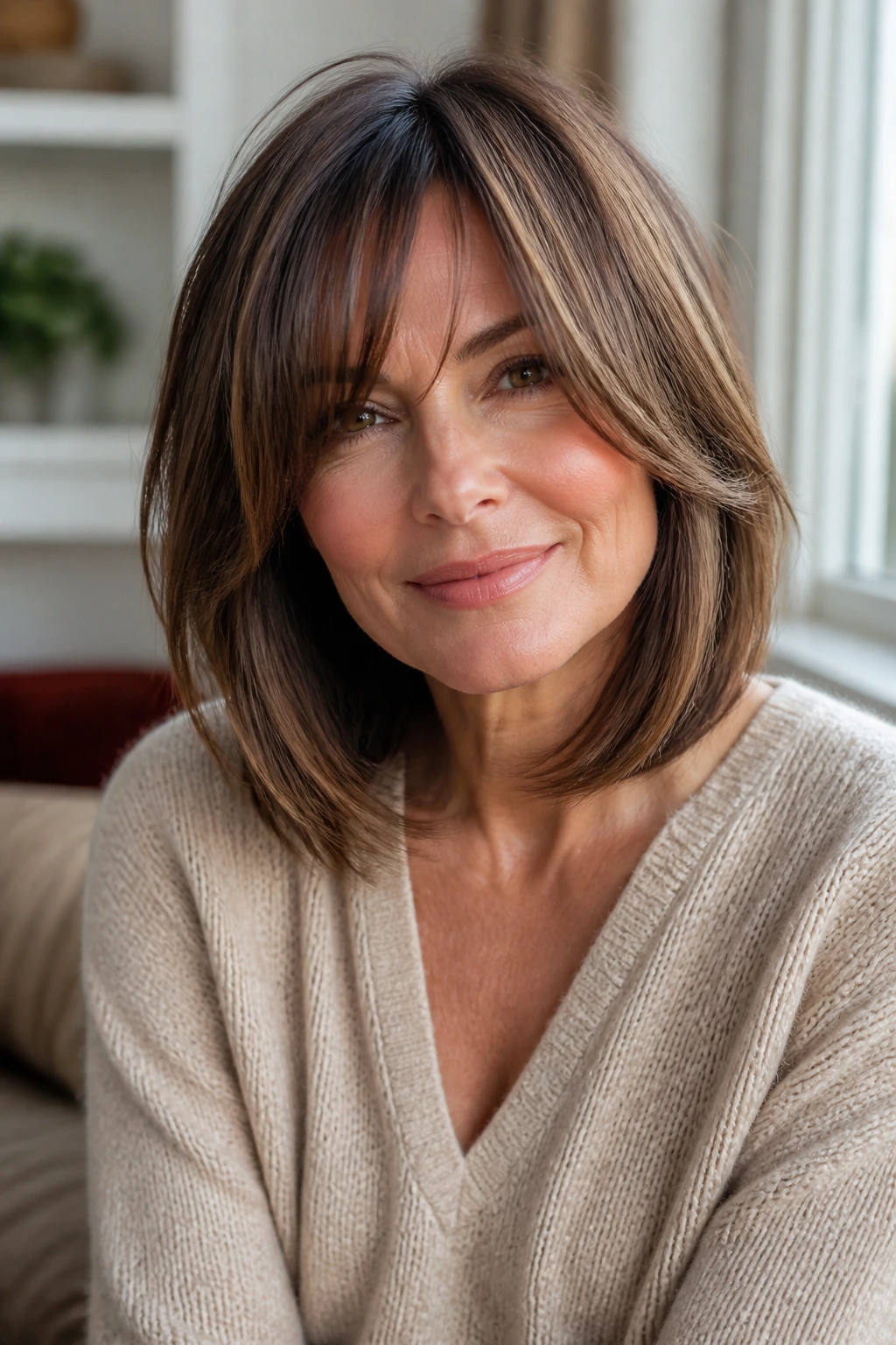 Portrait of a woman with medium bob and long bangs framing the face.