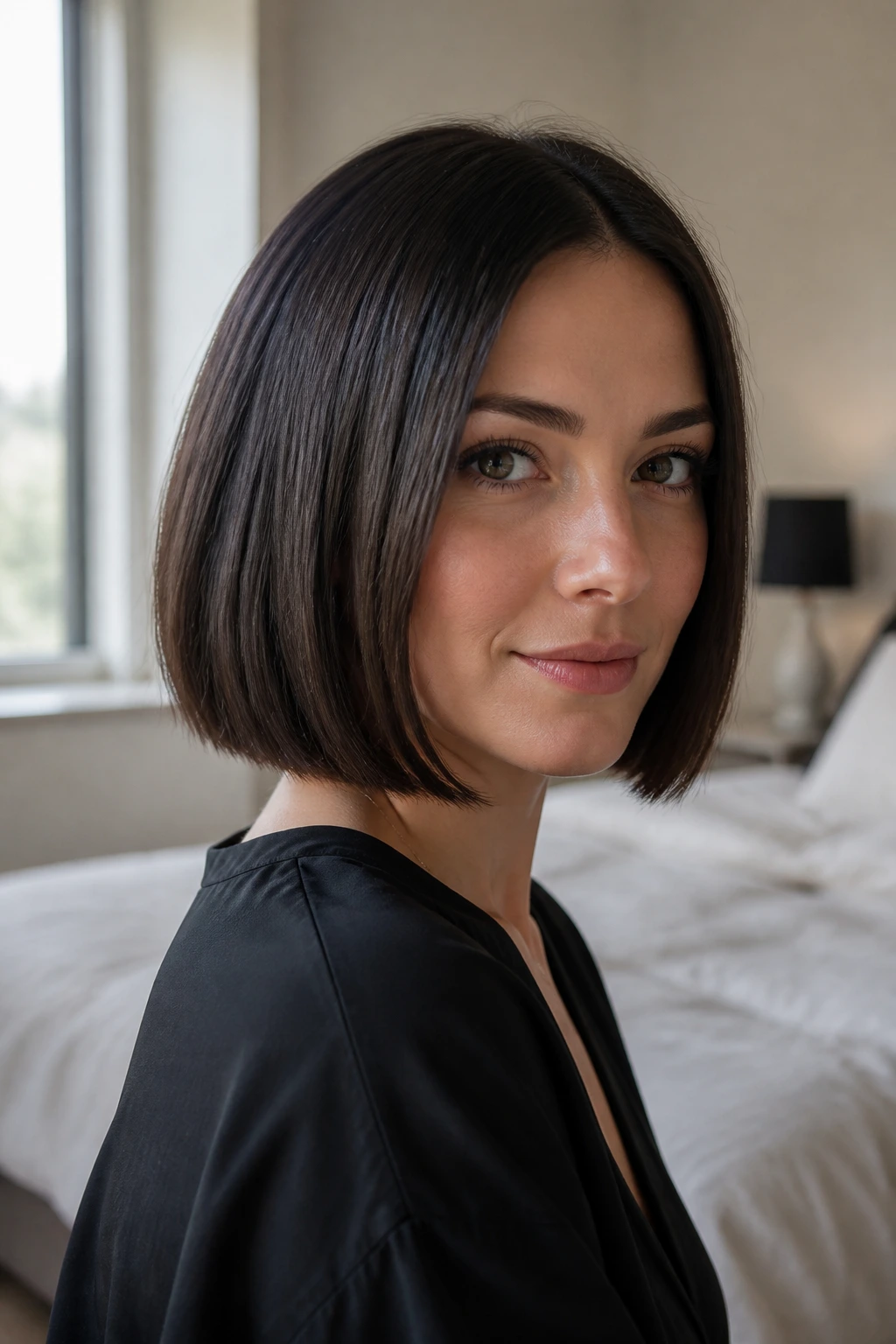 Close-up portrait of a real woman with a crisp medium bob and defined perimeter in natural window light.