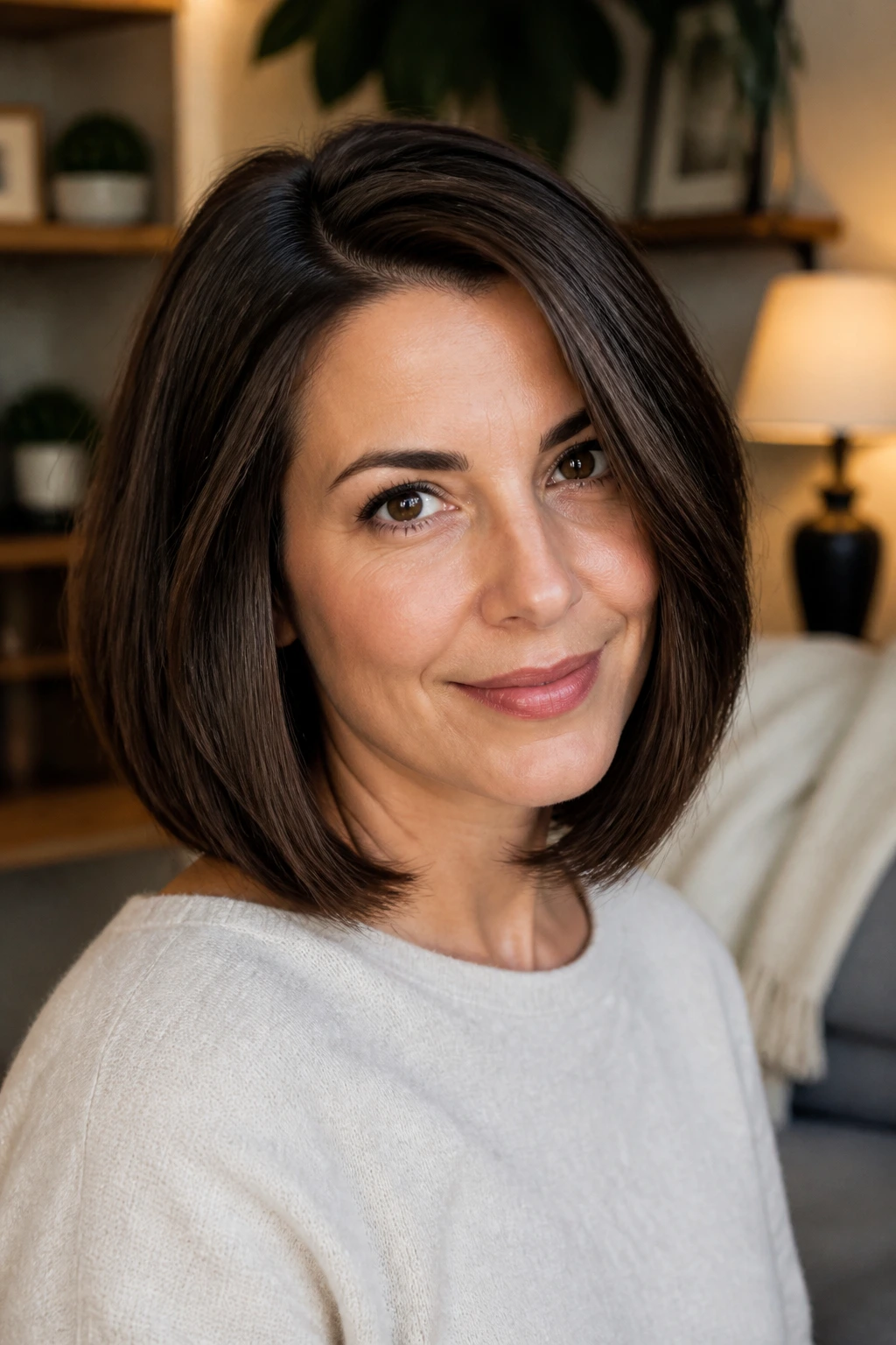 Portrait of a woman with a medium bob showing side-parted, layered variation.