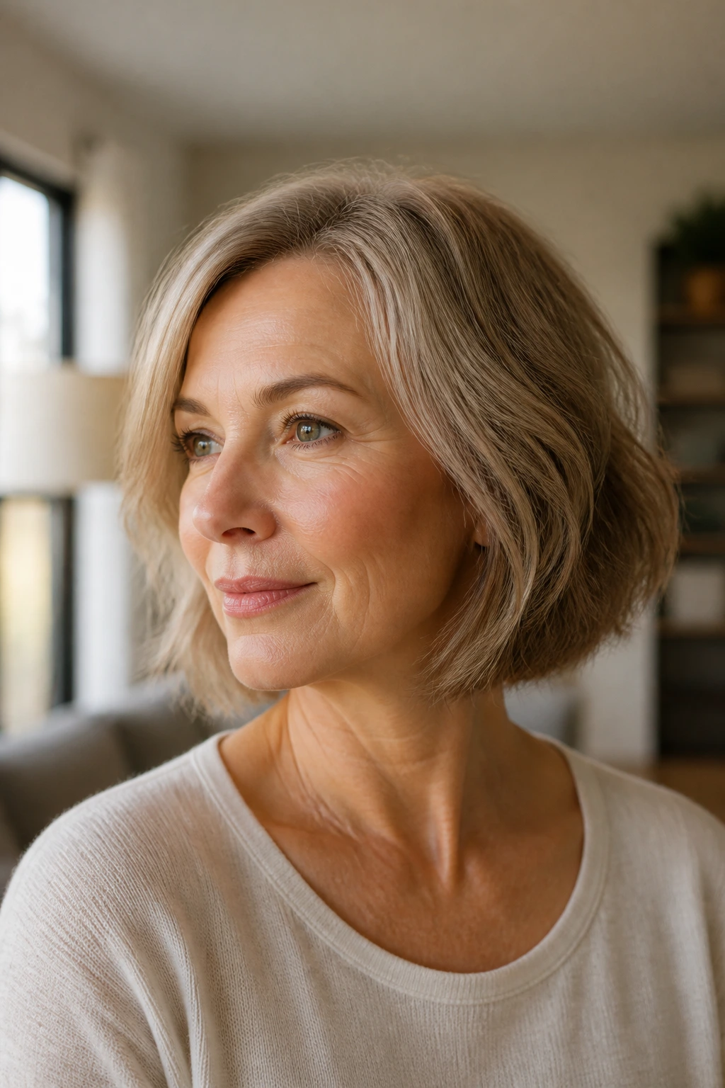 Real woman with a medium bob showing versatile styling as hair changes